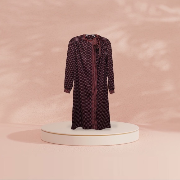 ILGWU Women's Size 6 Navy Blue/Red/Tan Long Puff Sleeve Polka Dot/Striped Dress - Picture 1 of 11